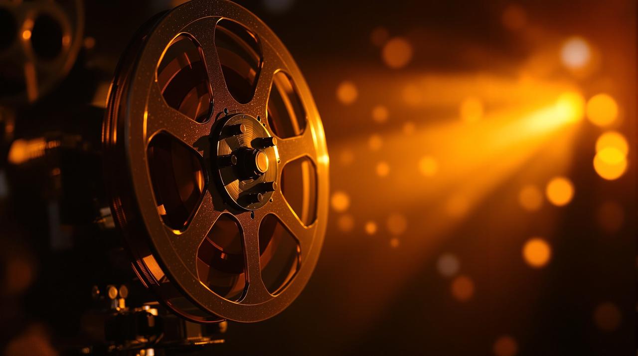 三三影视 - 经典影视作品放映室，怀旧老电影放映机投射温暖光芒